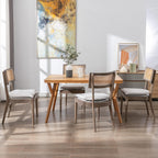 Rattan Dining Chairs Set Of 6 , Mid Century Modern Upholstered Cane Back Chairs with Removable Linen Cushion , Retro Farmhouse Natural Wooden Kitchen & Dining Room Chairs for Restaurant Living Room