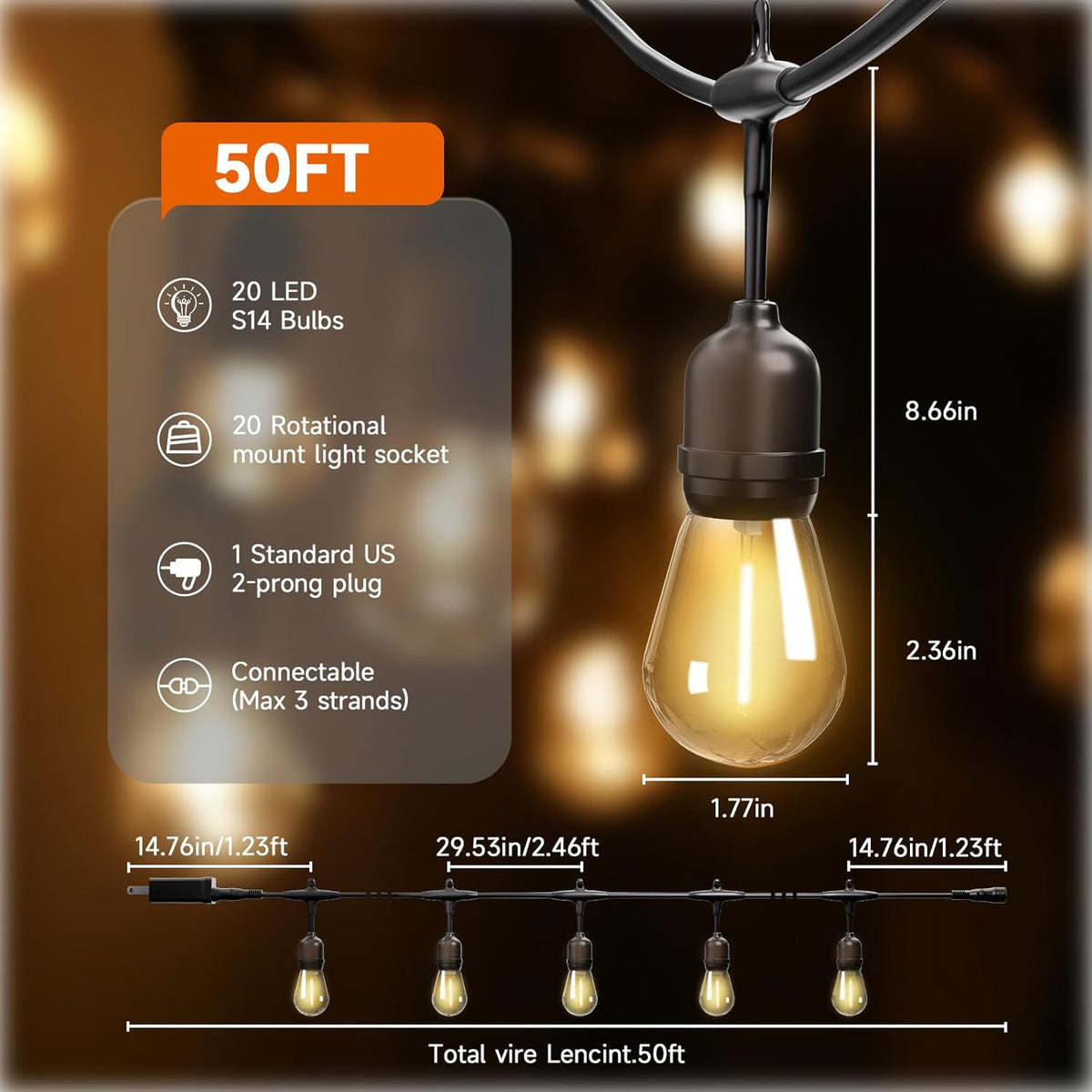 Outdoor Safety String Lights 50FT - 24V 20W Commercial Grade Low Voltage Strand with 20 S14 Shatterproof Bulbs for Tree Garden Yard | Warm Yellow 3500K Party Lights | IP65 Waterproof | UL Listed