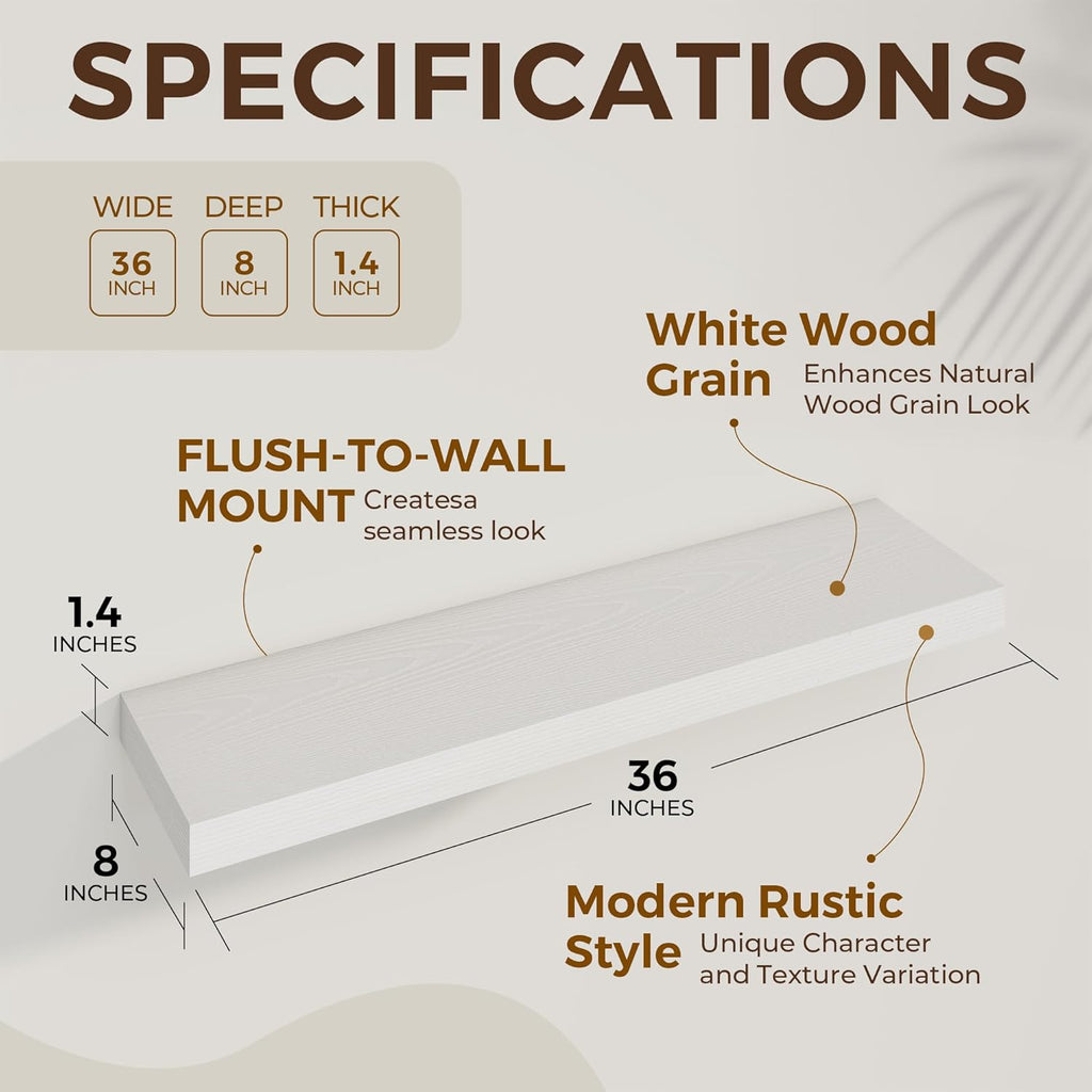 36 inch Floating Shelves Wall Shelves for Office with Invisible Brackets, 8 inch Deep Shelves for Bathroom, Living Room, Kitchen, Office, 36x7.9 inch deep Set of 2, White