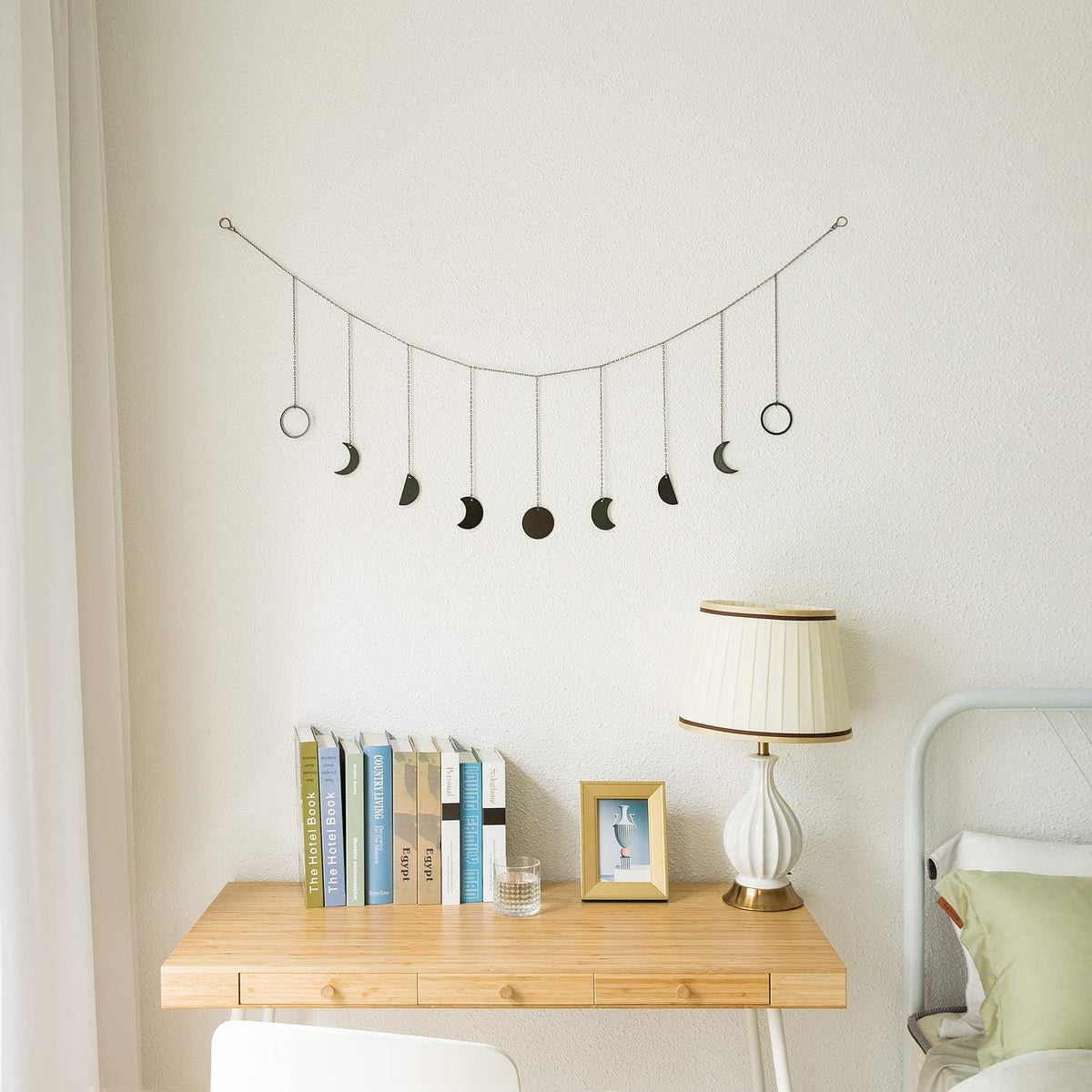 Mkono Moon Phase Wall Hanging Boho Aesthetic Room Decor Metal Moons Garland Hanging Art Bohemian Home Decoration for Girls Room Nursery Bedroom Livingroom Dorm, Ideal, Black, 50"