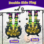 Halloween Lighted Garden Flag for Outside, Witch Feet Shape Flag Yard Decor, 8 Modes 12x18 Double Sided Cauldron Eyeball Black Cat Outdoor Hlloween Decorations for Home Porch（Warm White-12x18）