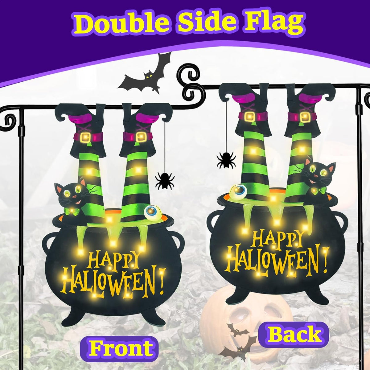 Halloween Lighted Garden Flag for Outside, Witch Feet Shape Flag Yard Decor, 8 Modes 12x18 Double Sided Cauldron Eyeball Black Cat Outdoor Hlloween Decorations for Home Porch（Warm White-12x18）