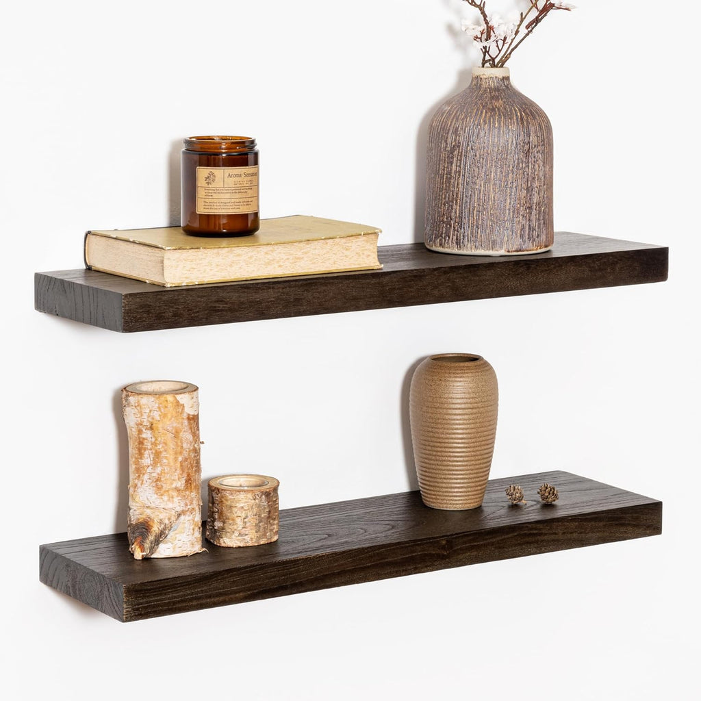 Wood Floating Shelves for Wall, 24" Floating Shelves Wall Mounted, Rustic Old Elm Wood Shelves for Home Decor, Heavy-Duty Storage Shelves for Books, Bathroom, Kitchen, Walnut Color, Set of 2