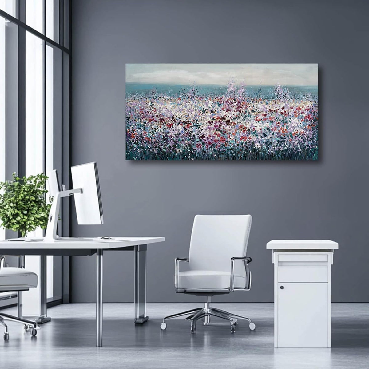 CHUDANHAO Purple and White Wildflowers Wall Paintings Ocean Wall Decor for Bedroom Seascape Painting Art Dining Room Hotel Decorations 24"x48"