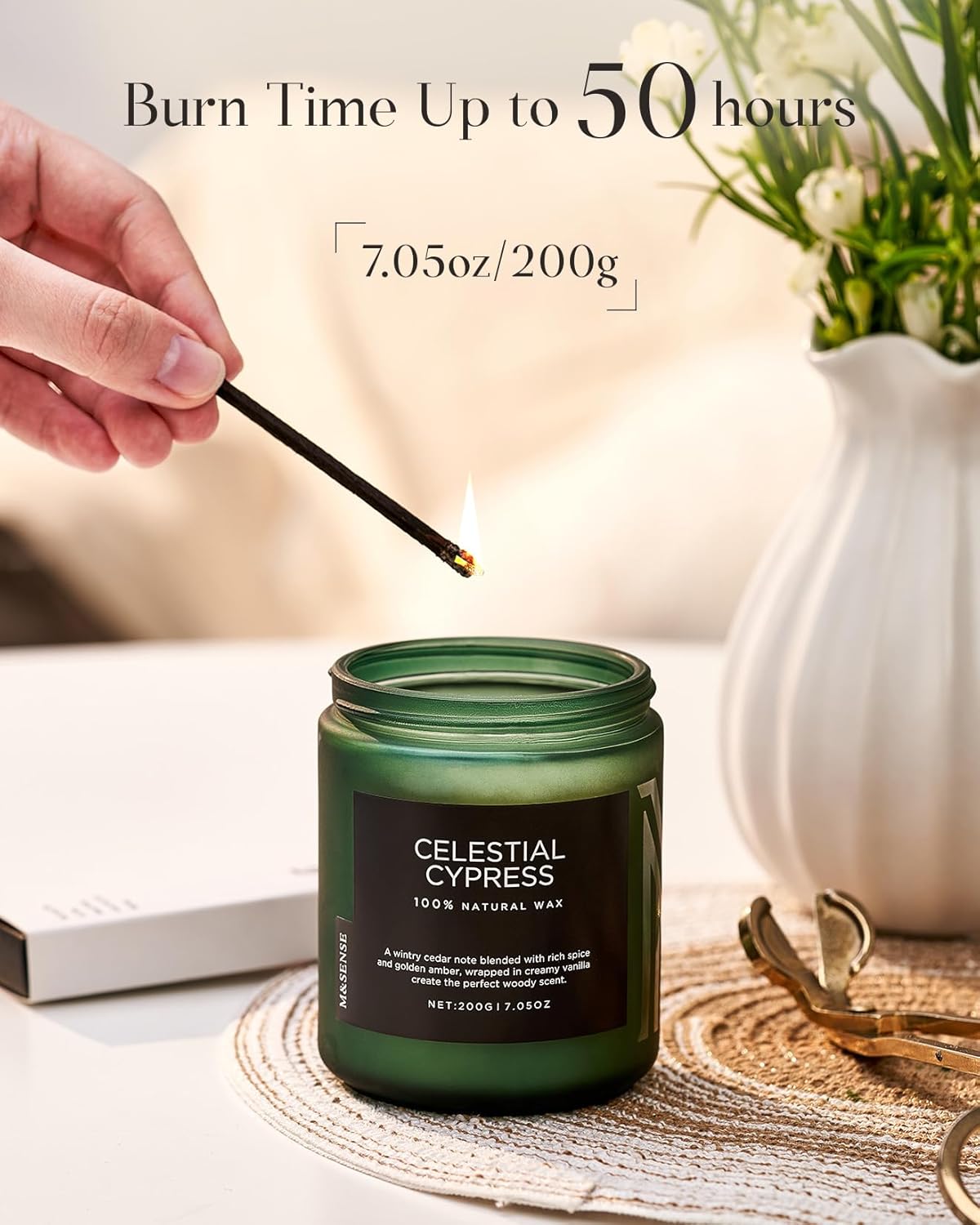 M&SENSE Celestial Cypress Scented Soy Jar Candles, Best Smelling Cedarwood Cardamom Scented Candles 7.05oz 50 Hour Long Lasting Burn, Non Toxic Natural Woody Scent Gifts for Men Women