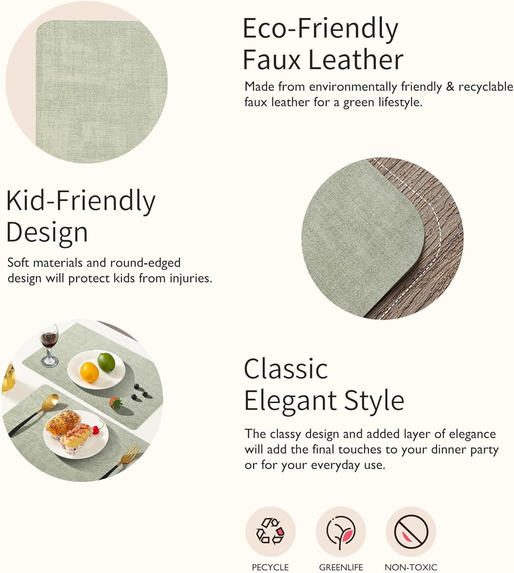 Maxpearl Faux Leather Placemats Set of 8 – Waterproof, Wipe Clean, Heat Resistant, Non-Slip Dining Table Mats for Indoor & Outdoor Use, 17”×12”, Sage Green
