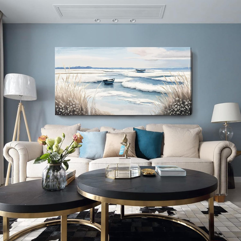 amatop Extra Large Wall Art for Living Room –Big Coastal Beach Minimalist Canvas Artwork with Sailboat Ocean Waves and Reeds Nautical Seascape Picture for Bedroom Decor Blue58x29 Inch