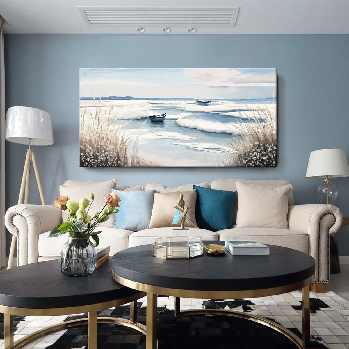 amatop Extra Large Wall Art for Living Room –Big Coastal Beach Minimalist Canvas Artwork with Sailboat Ocean Waves and Reeds Nautical Seascape Picture for Bedroom Decor Blue58x29 Inch