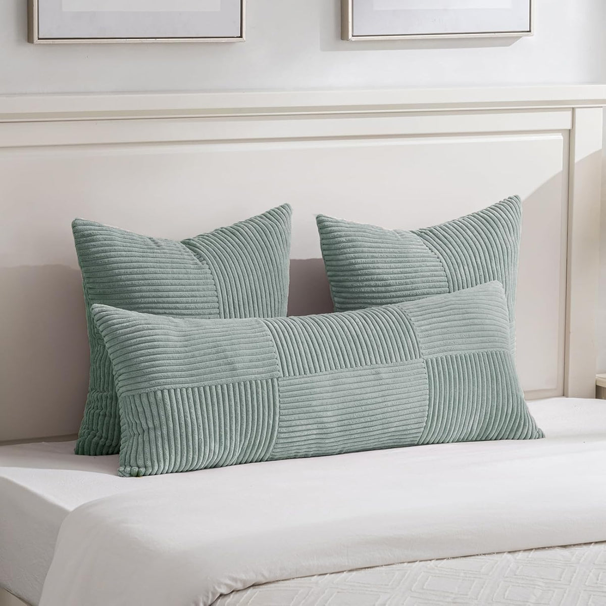 Fancy Homi 2 Packs Grey Blue Euro Decorative Throw Pillow Covers 24x24 Inch for Couch Bed Sofa, Rustic Farmhouse Boho Home Decor, Soft Corss Corduroy Patchwork Accent Big Square Cushion Case 60x60 cm