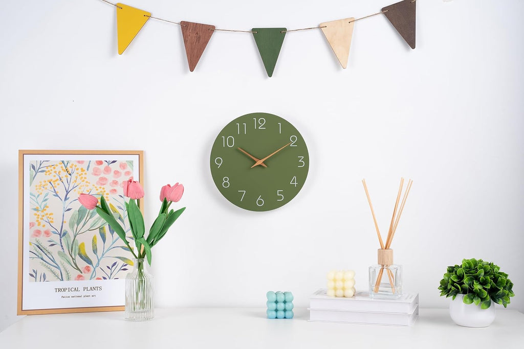 Mosewa Modern Wall Clock Silent Non Ticking 12 Inch Olive Green Battery Operated Simple Minimalist for Living Room Office Bedrooms Kitchen Home Decor