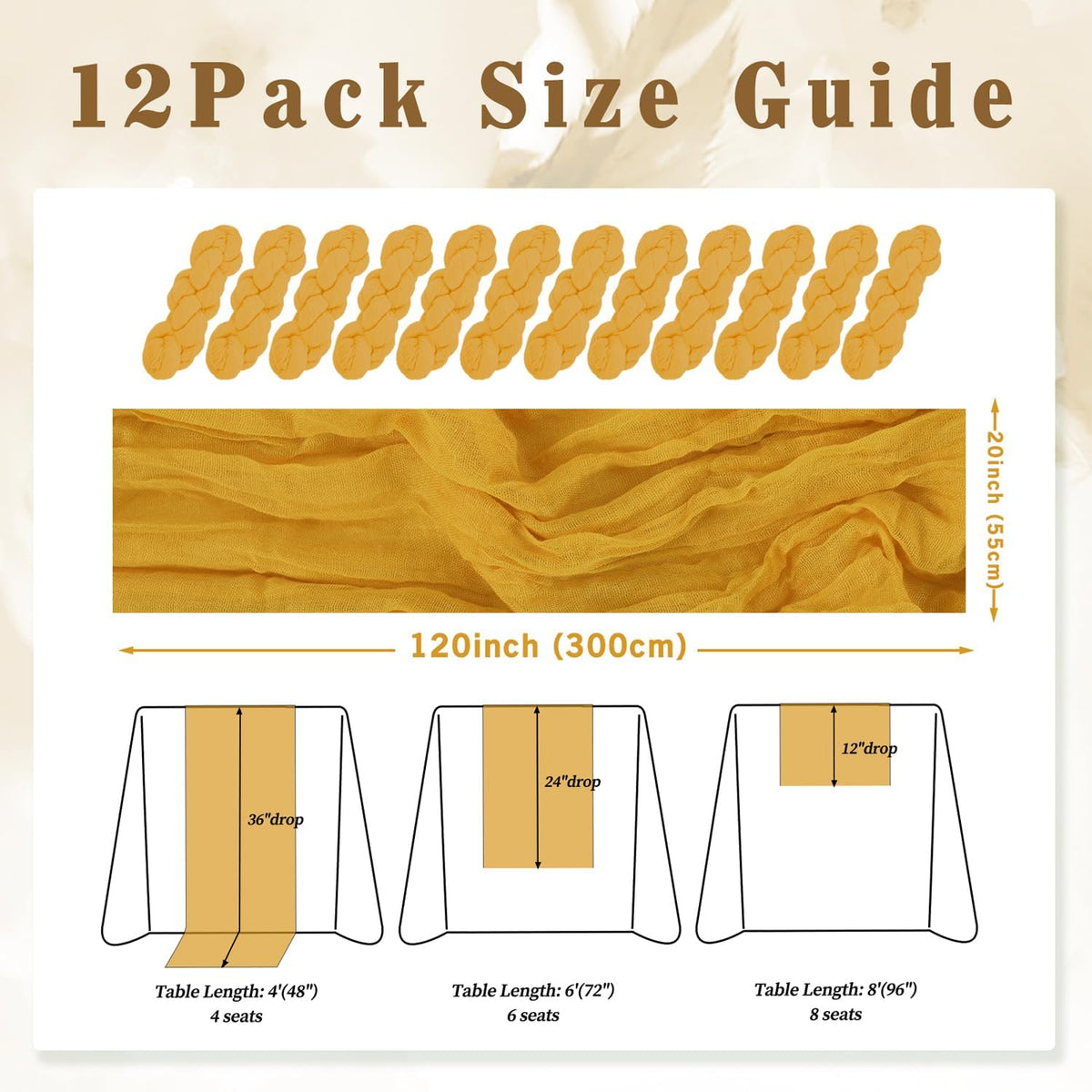 12 Pack Mustard 10FT Cheesecloth Table Runner Rustic Gauze Fabric Cheese Cloth Table Runner for Wedding Bridal Baby Shower Table Decor Boho Sheer Birthday Party Table Decorations 20 x 120 Inch Long