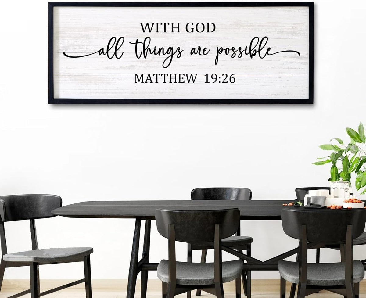 With God All Things are Possible Framed Wall Art, 40''×15'' Positive Holy Religious Rustic Bible Verse for Christian God Jesus Christ Prayer, Vintage Horizontal Inspirational Catholic Scripture Decor
