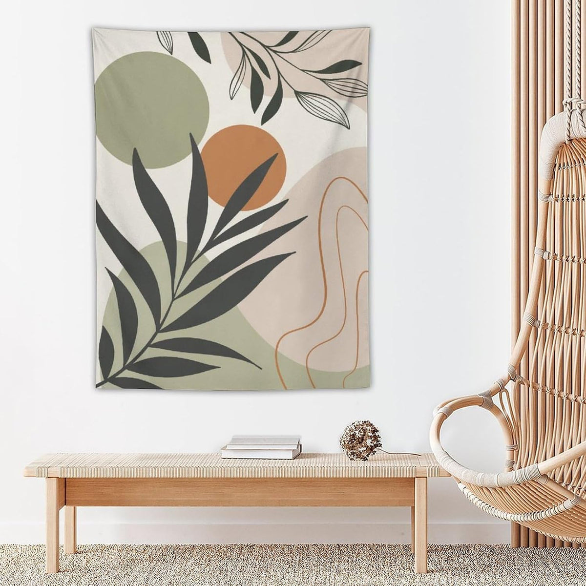 Abstract Bohemian Mid Century Tapestry, Tropical Leaves Modern Geometric Archway Minimalist Bohemian Botanical Aesthetic Wall Hanging, Sage Green Gold Home Decor Art for Bedroom 40x60 Inch