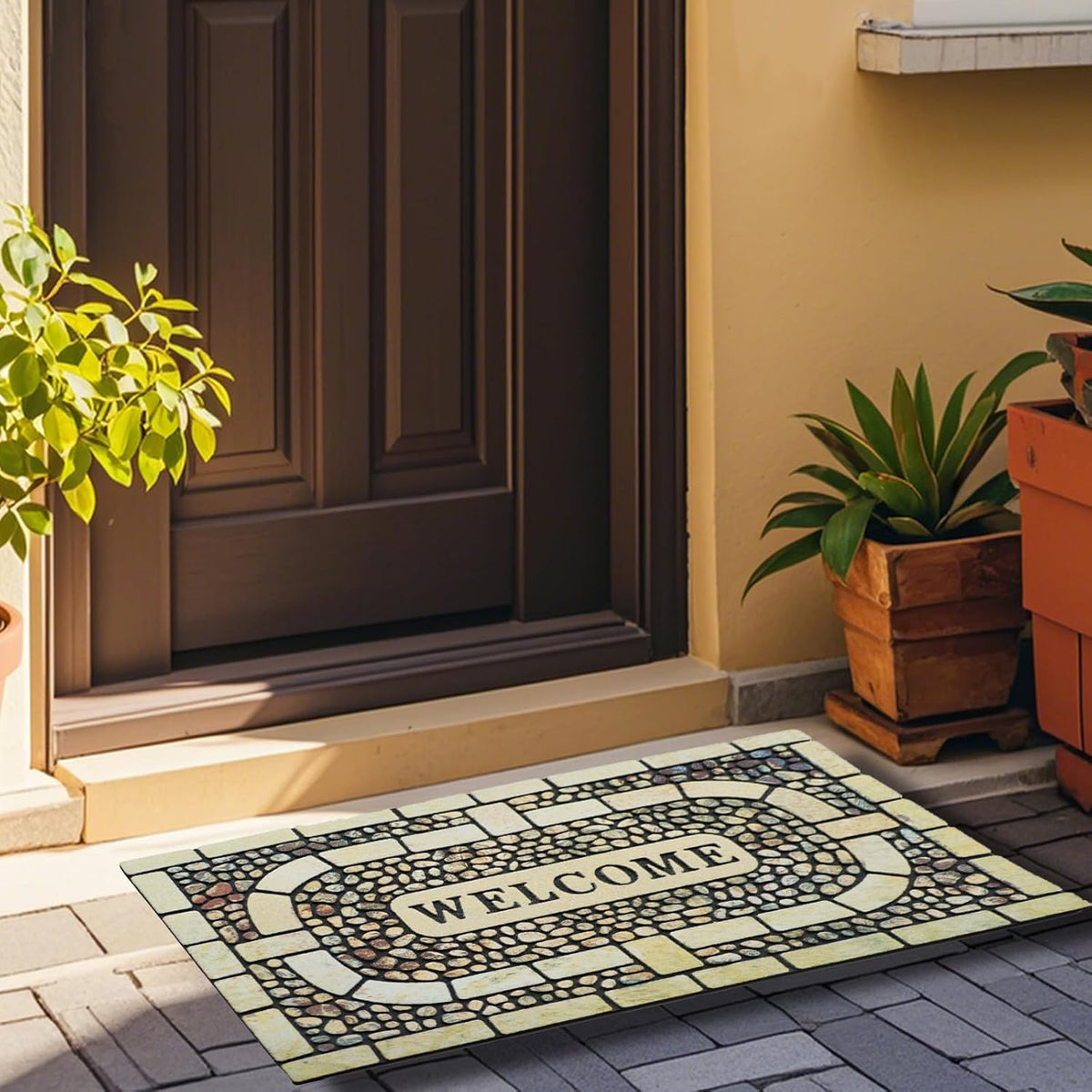 Door Mat Welcome Mat, Heavy Duty Door Mat 23.6 x 35.4 Inch Front Door Mat Rug Doormat for Outdoor Entrance Home Non-Slip Rubber Rug for Front Door, Outside, Entryway, Patio (Yellow Welcome)