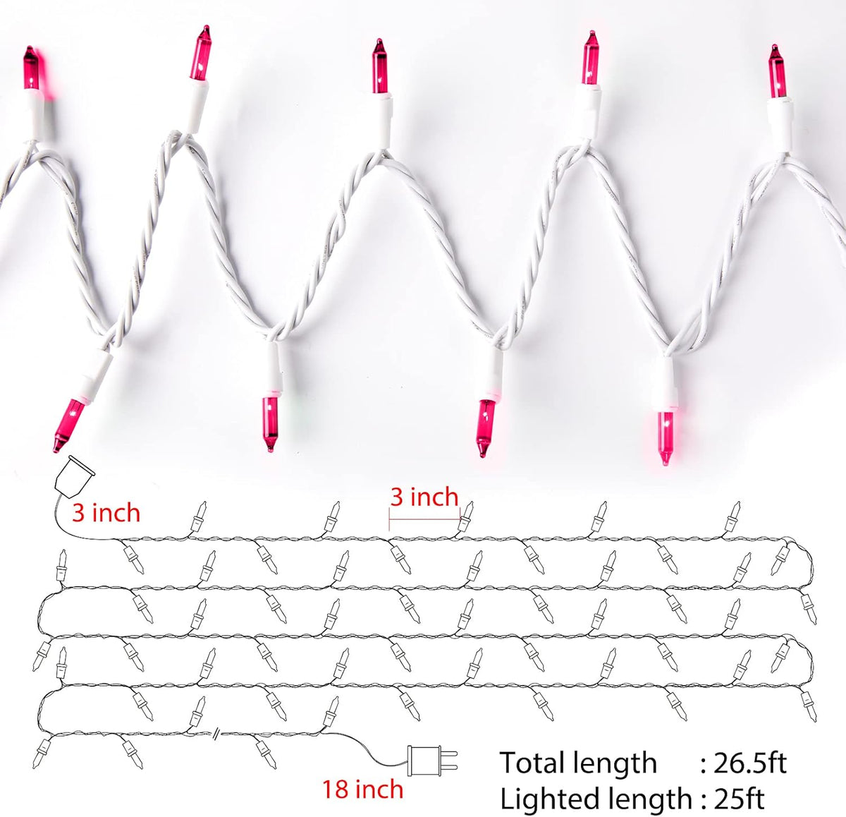 Pink String Lights with 100 Clear Bulbs on White Wire - 26.5 FT Waterproof Connectable Mini Tree Lights for Indoor Outdoor Use Party Holiday Patio Decorations