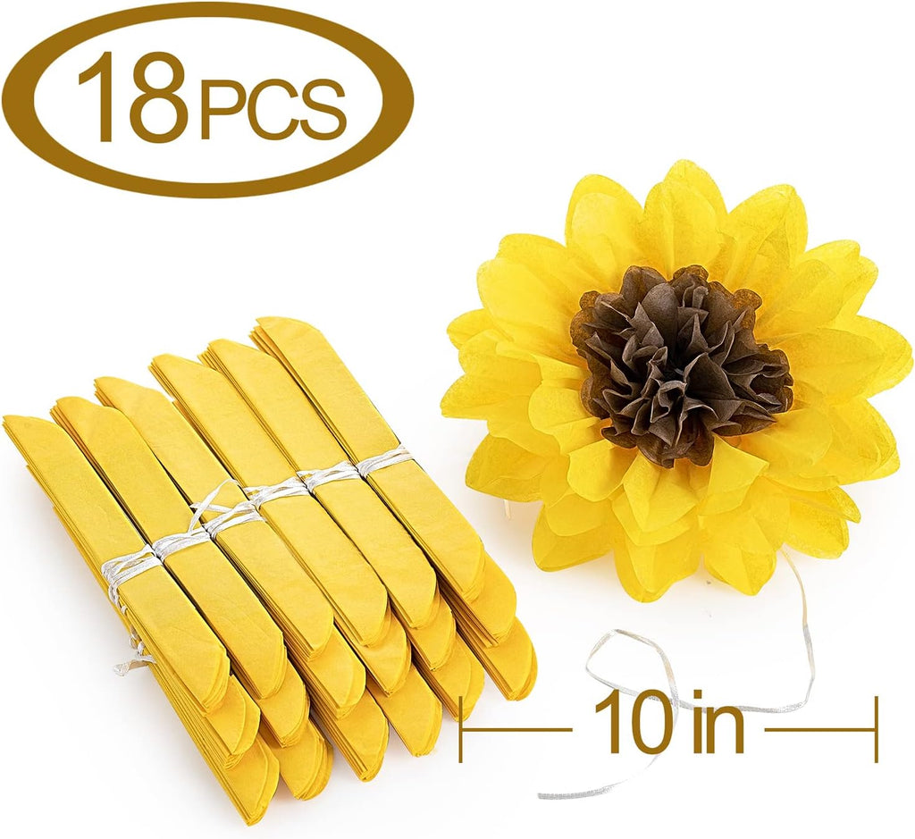 MISU Sunflowers Party Decorations Yellow Tissue Pom Poms Paper Flowers for Classroom Baby Shower Wedding Birthday Party Backdrop Home Decoration, 10 Inch, Pack of 18