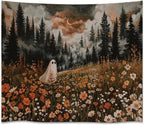 Spooky Fall Forest Art Halloween Tapestry Wall Hanging Cute and Funny Forest Flower Ghost Tapestry for Bedroom Whimsical Dark Academia Aesthetic Tapestries for Home Living Room Decor 40x60inch