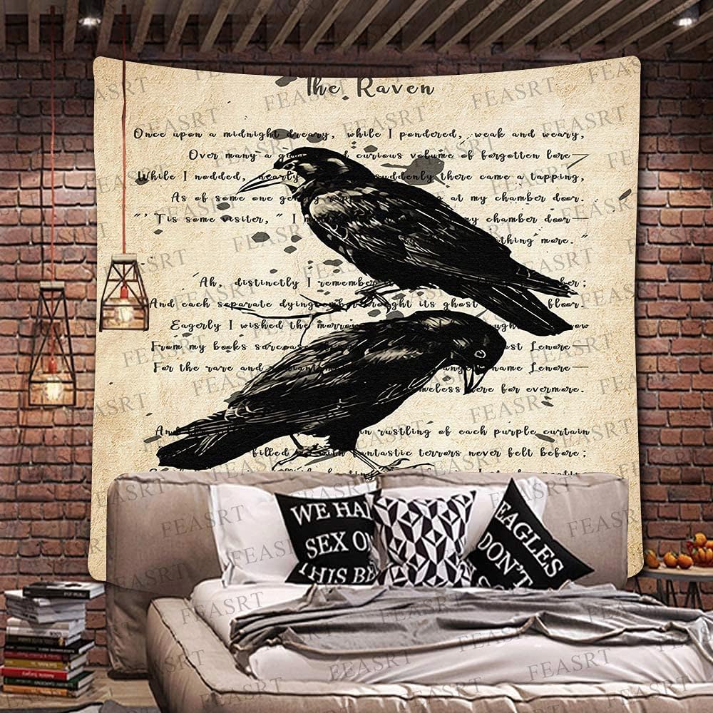 The Raven Wall Tapestry Nevermore Wall Decor Vintage Edgar Allan Poe Gothic Rustic Home Room Wall Hanging Tapestries 84x90 Inches for Living Room Bedroom Dorm GTQQAY1541