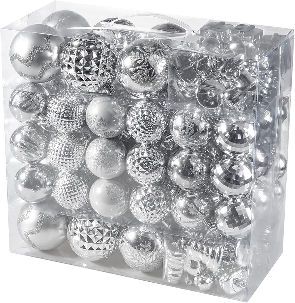 116Pcs Silver Christmas Ball Ornaments Set, Shatterproof Christmas Hanging Decoration Set with Gift Box, Assorted Decorative Baubles Set for Xmas Tree/Home/Wedding/Party/Holiday (Silver)