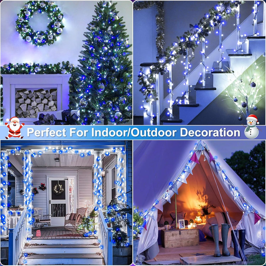Christmas Lights Outdoor, 100FT 300 LED Christmas Tree Lights with 8 Modes Waterproof, Connectable Green Wire Twinkle Tree Lights for Indoor Patio Garden Party Decorations, Blue White