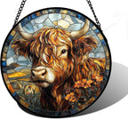 Stained Glass Window Hanging - Funny Cow Flower Suncatcher Ready to Hang Window Doors Home Decoration and Christmas, Mother's Day Birthday Gifts for Women, Men, and Mom 9.8x9.8 in