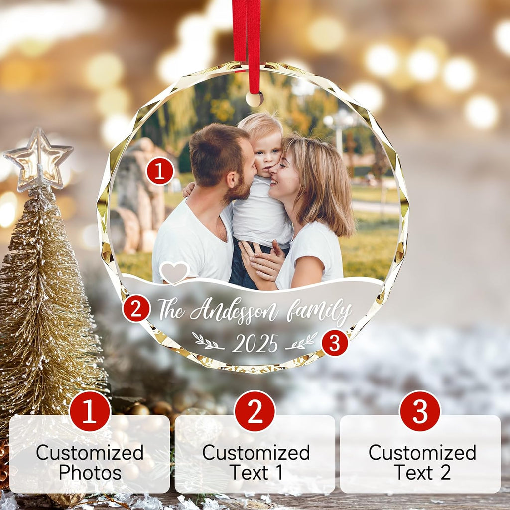 Personalized Christmas Ornaments 2025 with Photo & Text - Customized Crystal Glass Christmas Tree Decor Gifts for Family, Couples, Pets, Baby’s First Xmas – 6 Heart/Round Designs