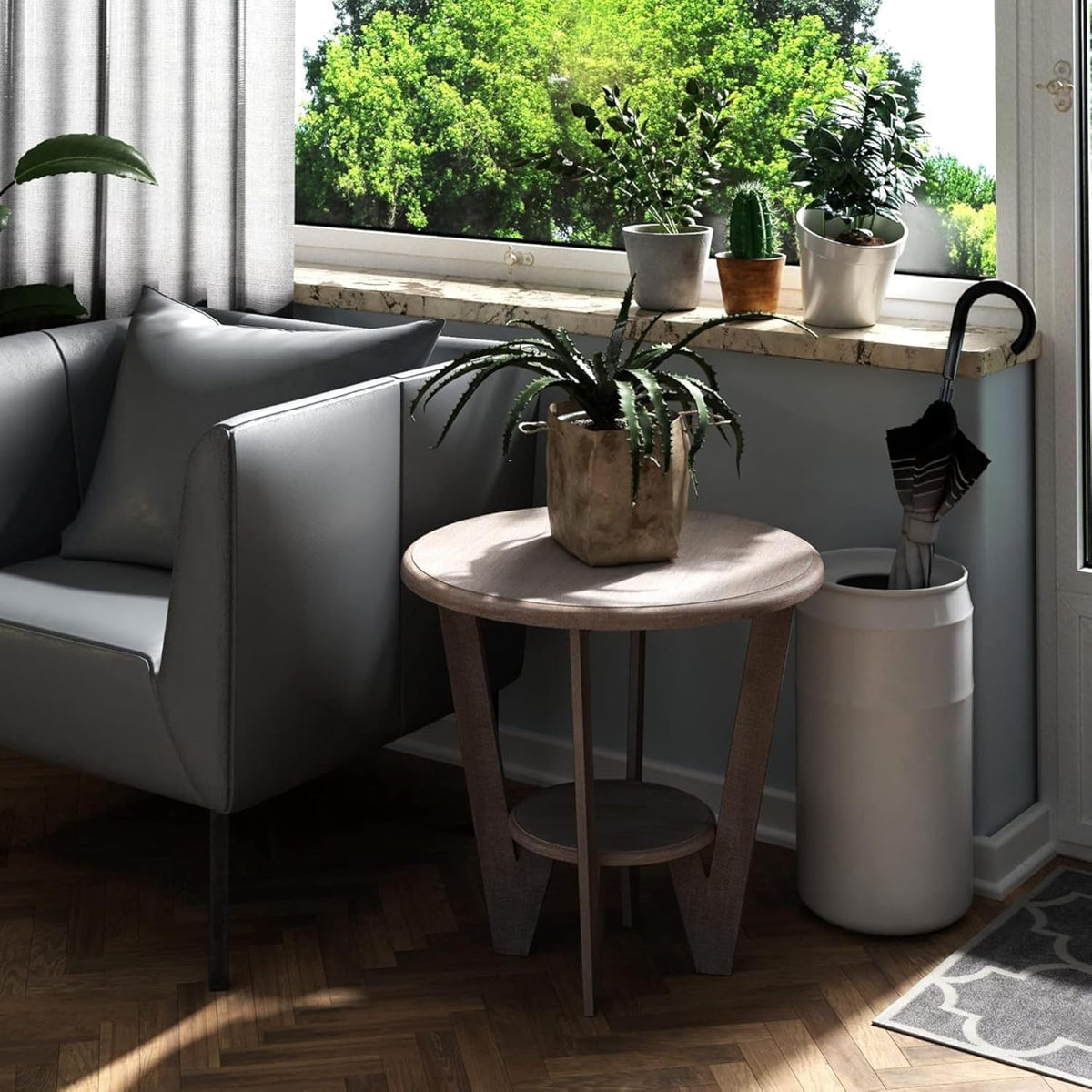 Rustic Farmhouse end Table with Storage Shelf, French Country Accent Side Table for Family, Dinning or Living Room, Small Spaces, Modern, Round, Vintage Grey Finish