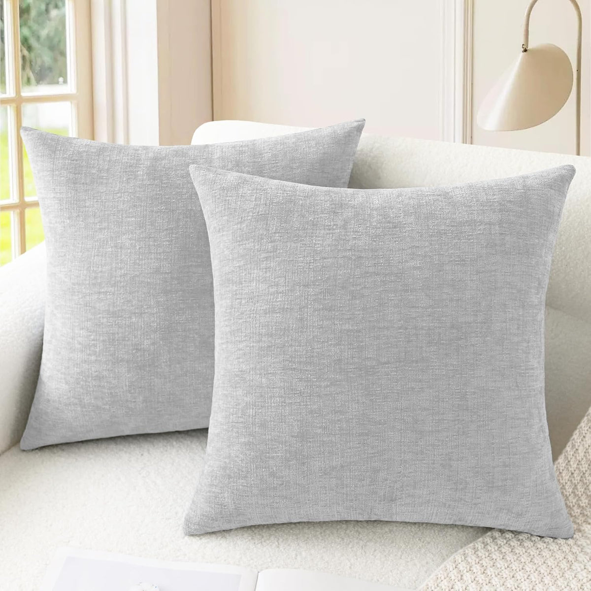 CaliTime Throw Pillow Covers Decorative 26 X 26 Inches Pack of 2 Cozy Chenille Cushion Cases for Couch Sofa Bed Living Room Home Moonbeam Gray
