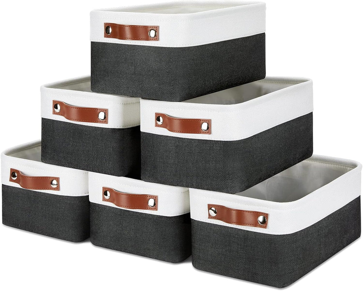 DULLEMELO Small Storage Baskets 6 Pack, Fabric Collapsible Gift Storage Baskets for Shelves, Closets, Nursery, Home, Office Organizing,Small Canvas Linen Rectangular Storage Bins (White&Black)
