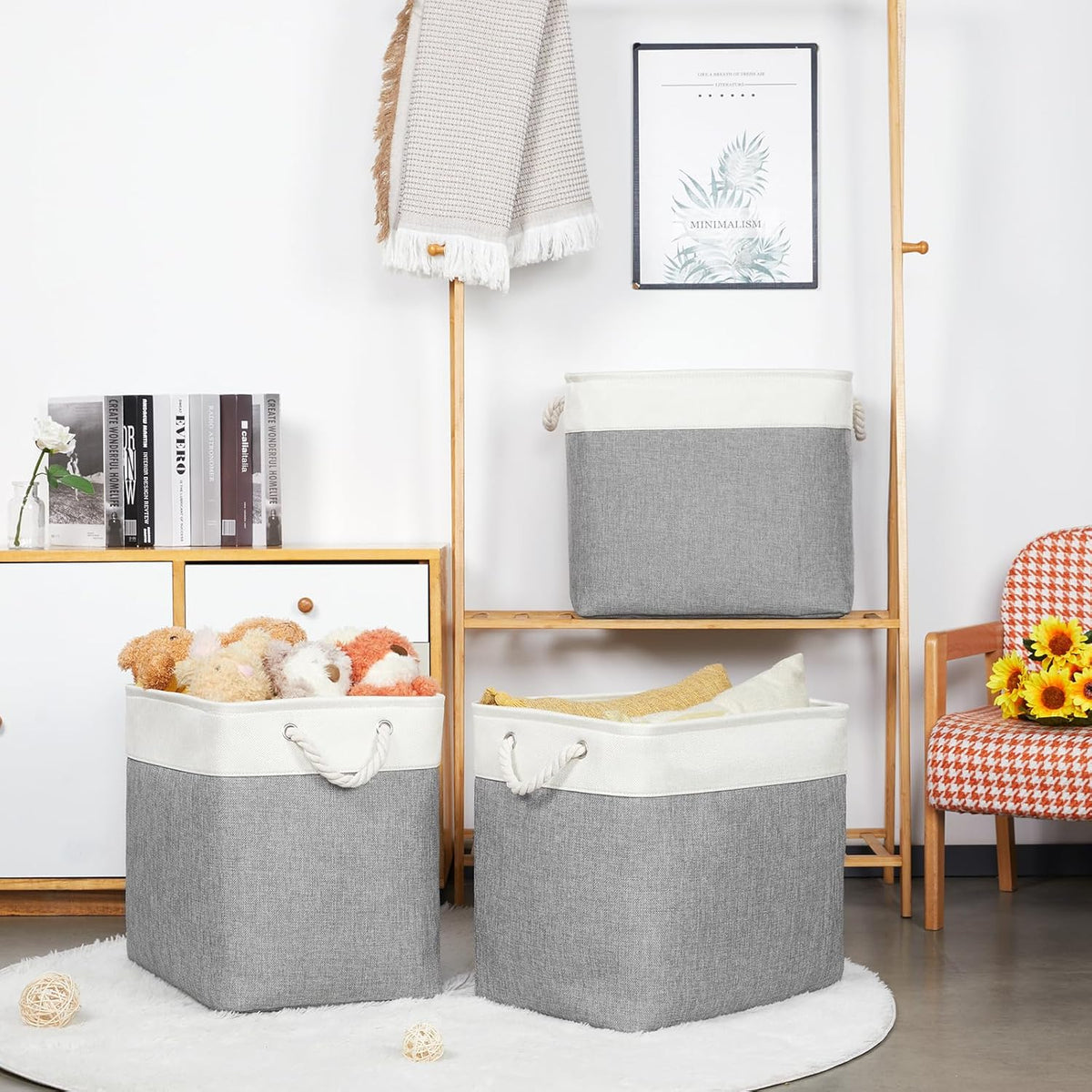 Bidtakay Extra Large Storage Baskets for Organizing 17x12x15.1 inch 3-Pack Fabric Closet Organizers Storage Bins with Handles Foldable Storage Baskets for Shelves Clothes XL-White&Grey
