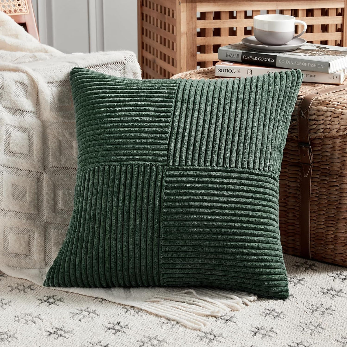 Fancy Homi Set of 2 Dark Green Decorative Throw Pillow Covers 24x24 Inch for Bedroom Couch Bed, Boho Farmhouse Forest Green Home Decor, Soft Corss Corduroy Patchwork Textured Cushion Case 60x60 cm
