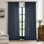 Navy Blue Linen Pinch Pleated Curtains 96 Inches Long 2 Panels | Semi Sheer - Image 9
