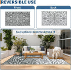 Waterproof Outdoor Rug 9x18 Reversible Plastic Straw Patio Rug, Stain-Resistant Vintage Medallion Carpet, Large Indoor Outdoor RV Mat for Deck, Camping, Balcony, Grey White