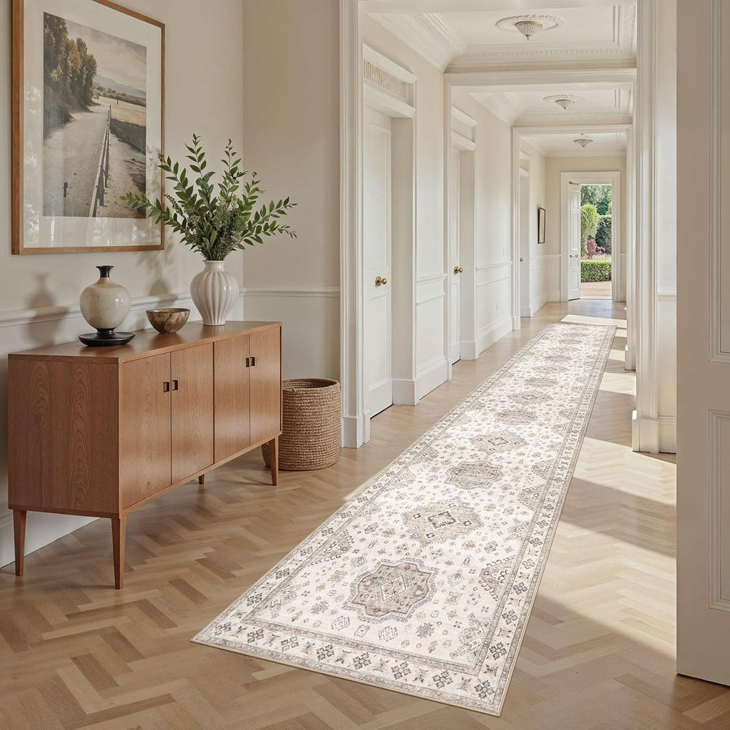 Washable 2.6x14 Runner Rug - Area Rugs Neutral Vintage Distressed Floral Farmhouse Boho Large Soft Floor Rug Indoor Carpet for Hallway Entryway Home - Beige Brown