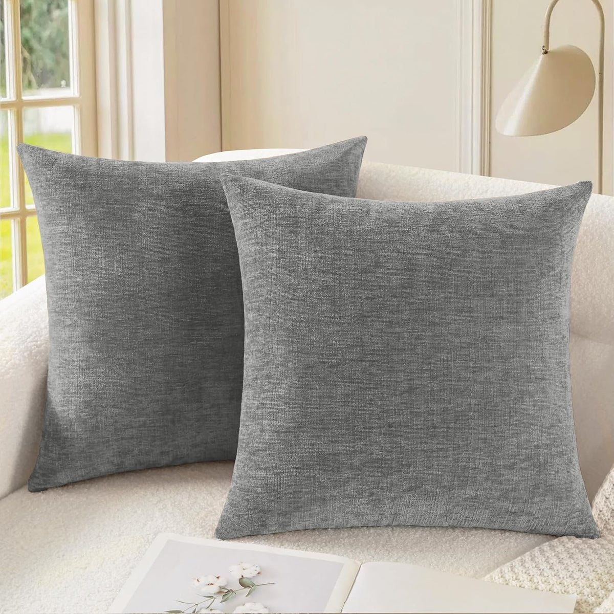 CaliTime Throw Pillow Covers Decorative 22 X 22 Inches Pack of 2 Cozy Chenille Cushion Cases for Couch Sofa Bed Living Room Home Medium Grey