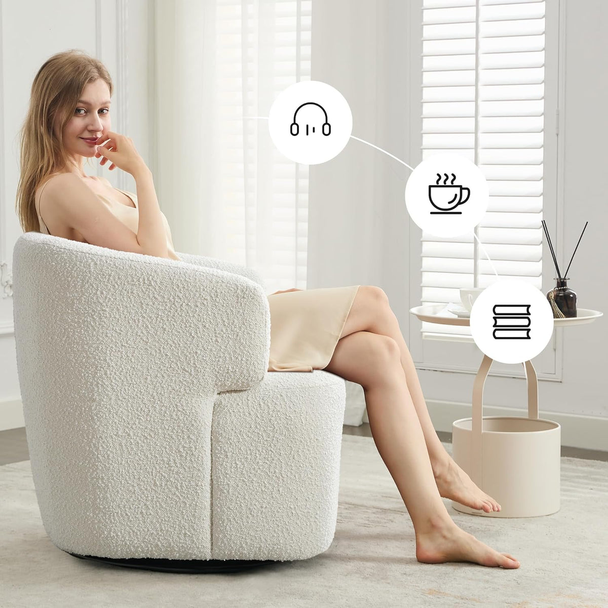 Swivel Accent Chair, Sherpa Teddy Barrel Chair for Living Room, Cozy Round Boucle Arm Chair, Metal Base for Club Nursery Bedroom, White