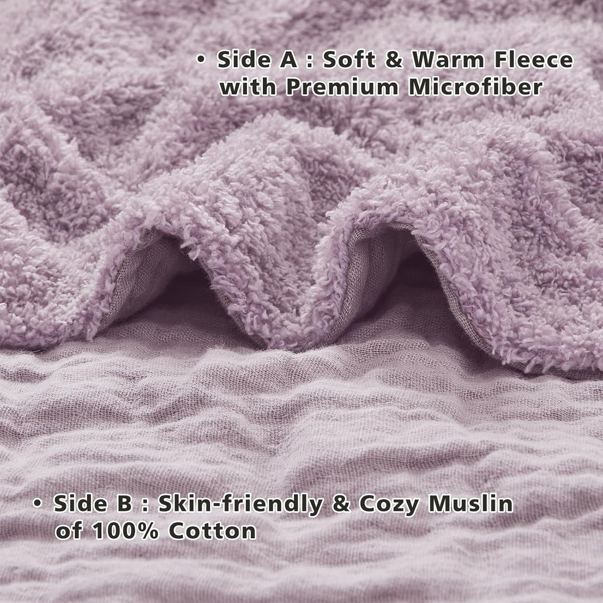 EMME Muslin and Fleece Twin Blanket Reversible - 60"*80" Lavender Soft Warm Throw Blankets for Couch Bed Picnic Travel Bed