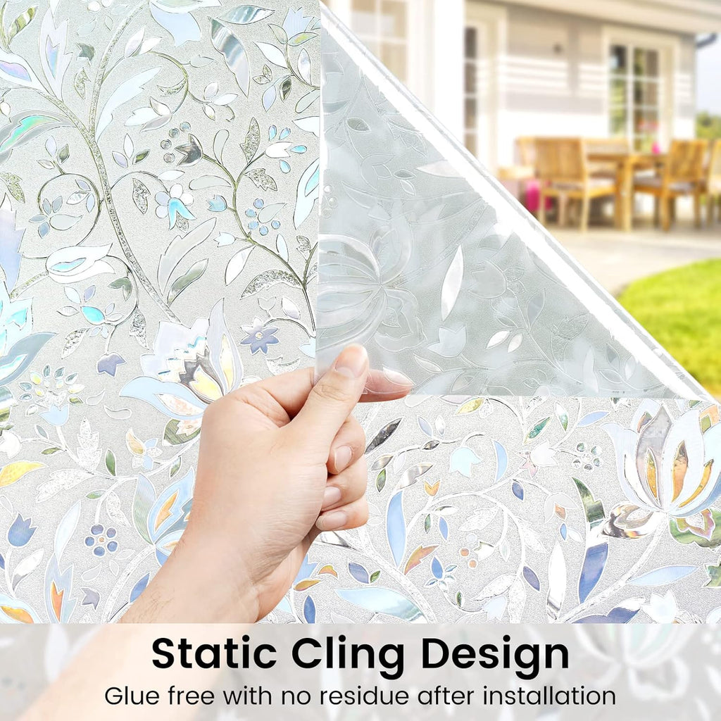 DOWELL Window Privacy Film, 3D Stained Glass Rainbow Films, Decorative Window Vinyl Sun Blocker Door Covering, Static Cling Non-Adhesive Glass Sticker for Home, Blooming Flowers, 35.4"x118"