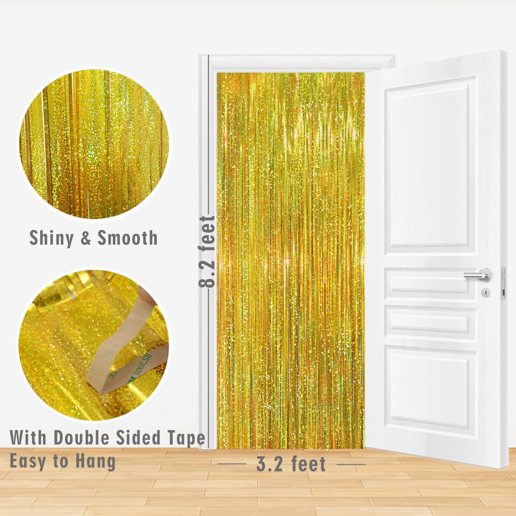 GOER 3.2 ft x 8.2 ft Metallic Tinsel Foil Fringe Curtains Party Photo Backdrop Party Streamers for Birthday,Graduation,New Year Eve Decorations Wedding Decor (1, Shiny Gold)