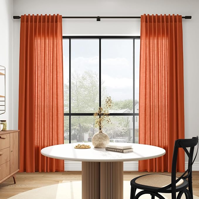 Bright Orange Linen Blend Light Filtering Back Tab Curtains 84 Inches Long - Image 6
