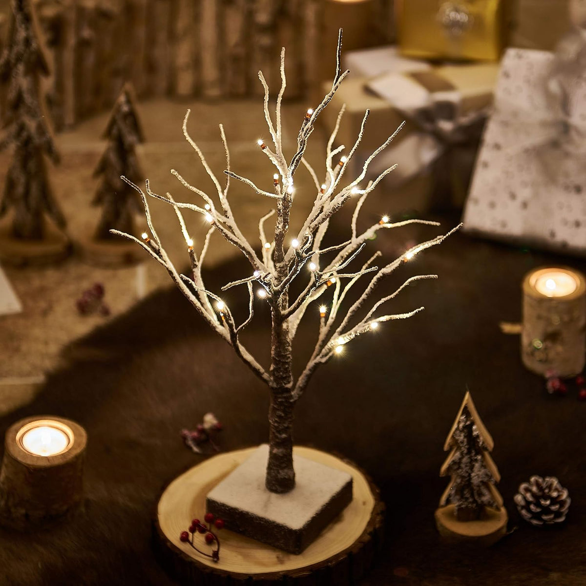 Hairui Pre Lit Tabletop Snow Dusted Tree with Timer 24LED 18IN Battery Operated for Christmas Valentine Party Decoration 2 Set