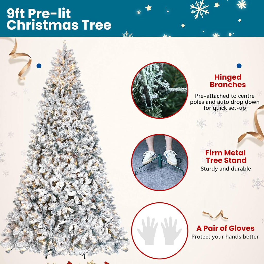 9 ft Prelit Flocked Christmas Tree with Pine Cones & 850 UL Lights, Snow Frosted Artificial Christmas Tree with Auto Hinged Stand for Holiday Decor