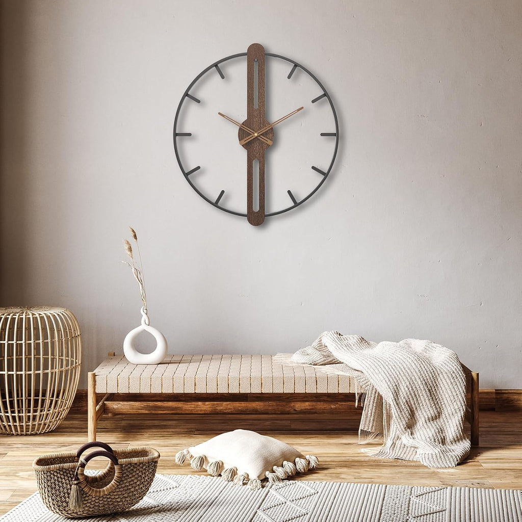 Modern Walnut Dial Wall Clock, Wood Large Wall Clock Decor Metal Frame Silent Non Ticking for Living Room, Bedroom, Kitchen, Study Decoration, Handmade Home Present Idea, 20 in （50 cm）