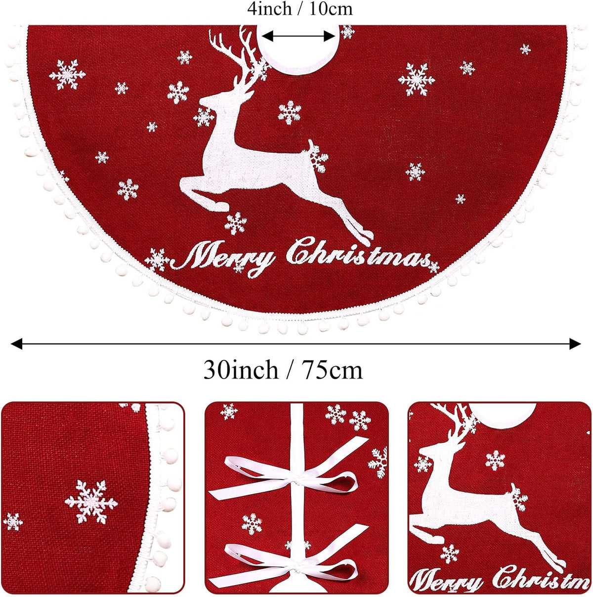 30 Inch Christmas Tree Skirt, Burlap Red Christmas Rustic Tree Skirt with Elk Deer and White Snowflake Printed for Holiday Party Xmas Tree Decoration