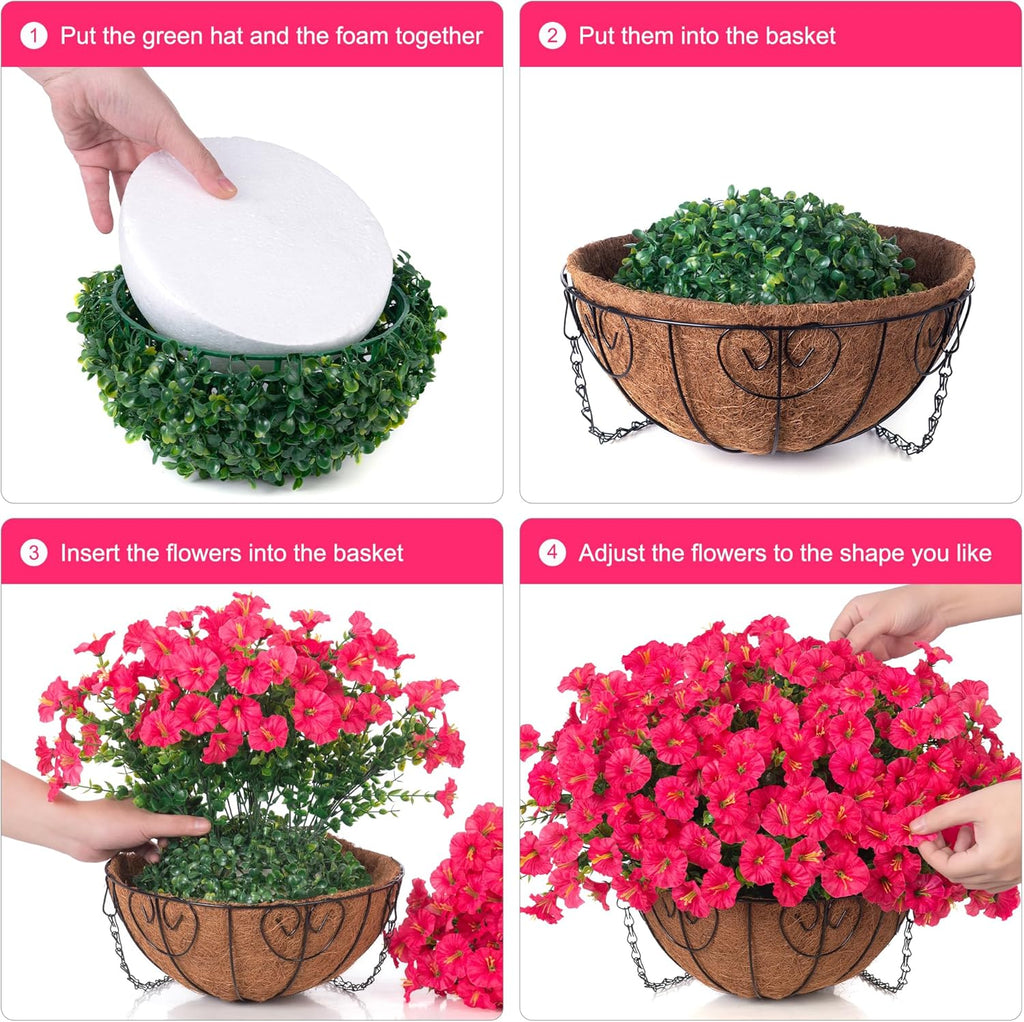 Artificial Faux Hanging Plants Flowers Basket for Outdoor Outside Spring Summer Decoration, Silk Morning Glory in Planter UV Resistant Look Real Fake Flower for Porch Patio Balcony Home Yard, Hot Pink
