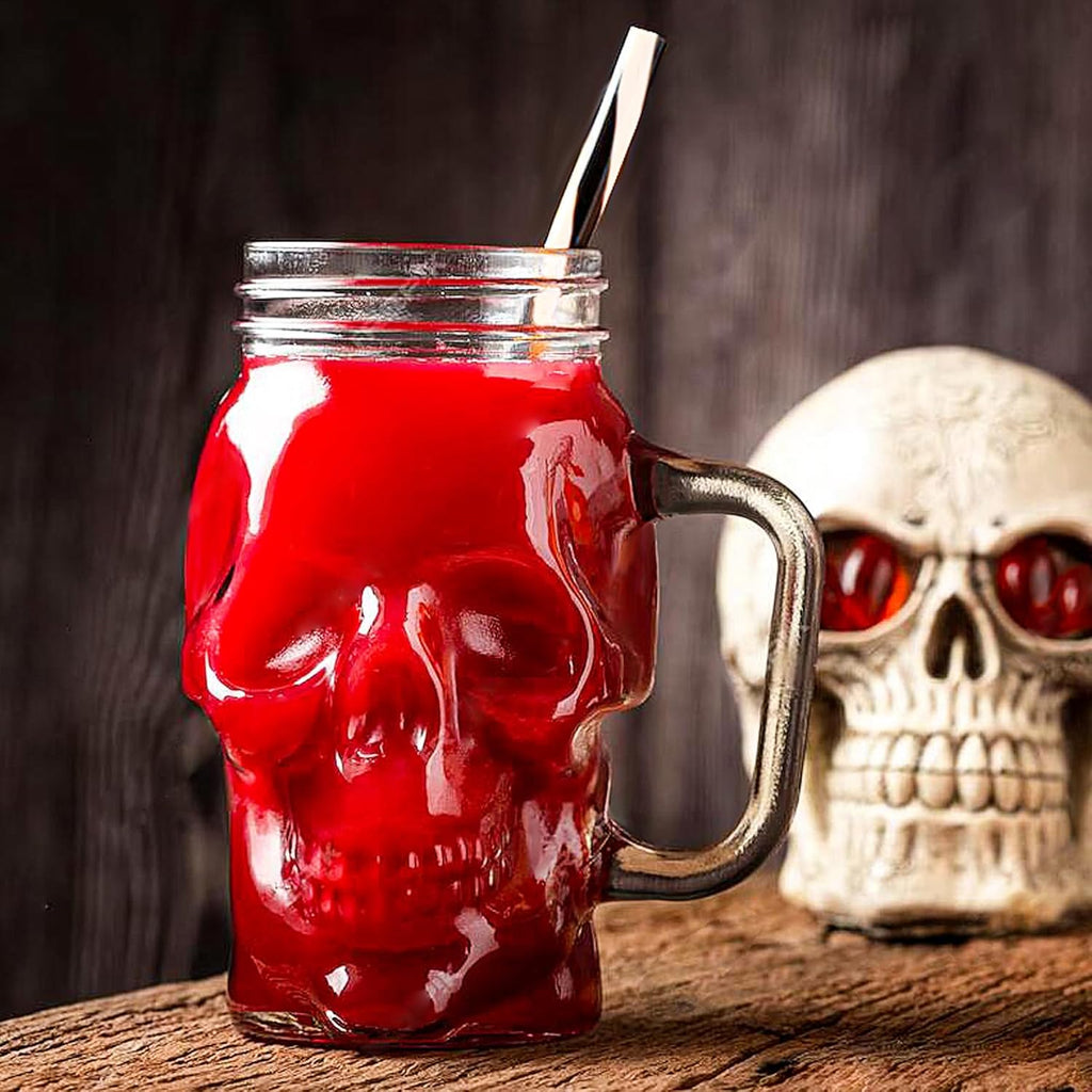 Halloween Cups Set of 4 - Skull Mason Jar with Lids Straws and Handle - Skull Drinking Glasses for Halloween Party Bar Decor (16 oz, Clear)