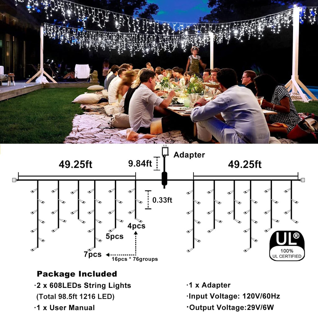Icicle Christmas Lights, 98FT 1216 LED Icicle Lights for Outside with 228 Drops, 8 Modes Waterproof Twinkle String Lights for House Bedroom Wedding Holiday Decorations, White