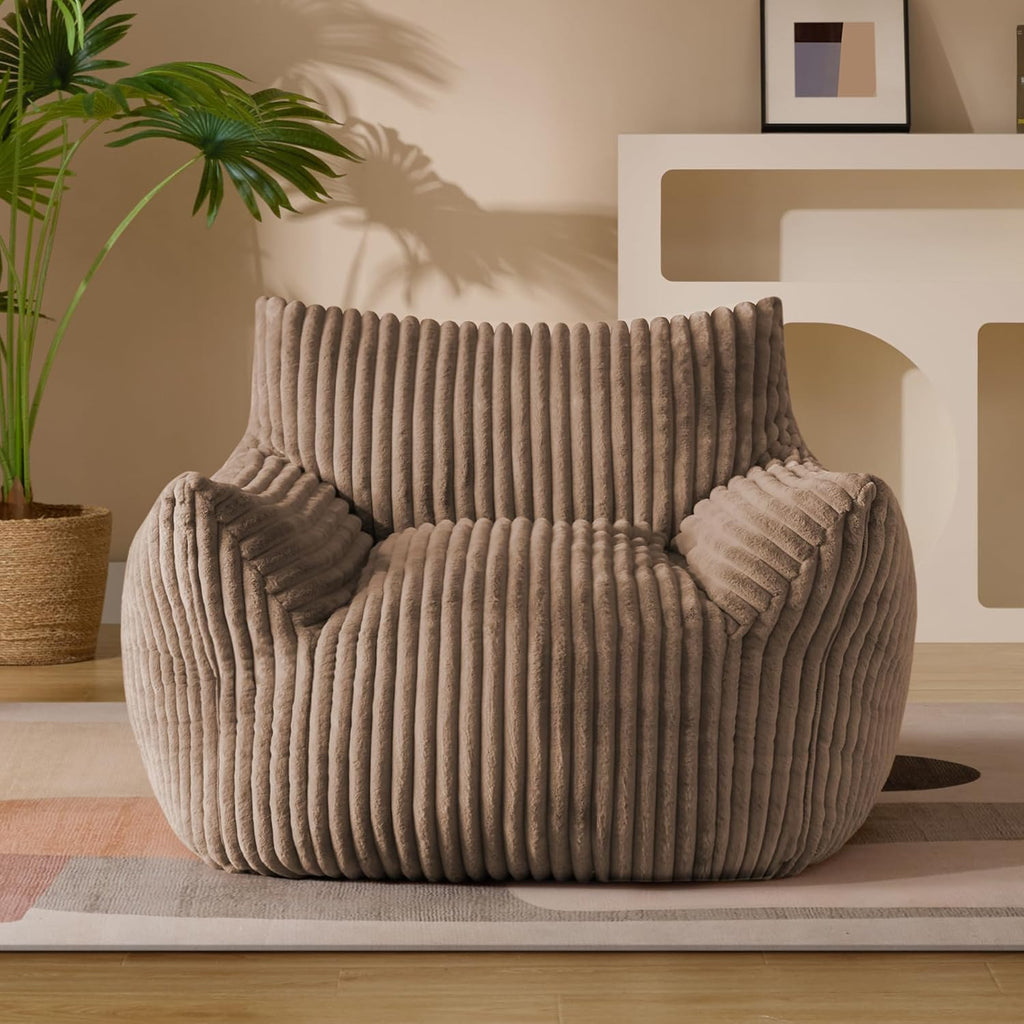 Giant Plush Bean Bag Chair for Adults with Armrests - Oversized Comfy Khaki Beanbag Lounge Lazy Floor Sofa Chair for Living Room, Bedroom & Dorm, Cozy Fluffy Single Cloud Mini Couch