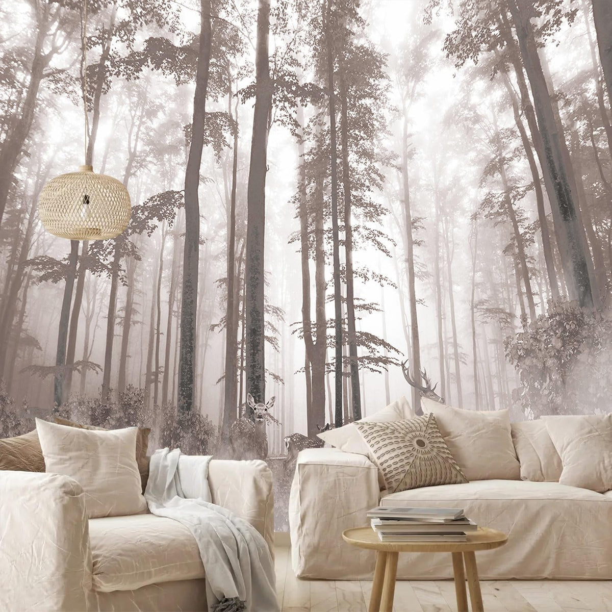 AFZEVEB-Forest Wallpaper Vintage Trees with Deer Wall murals for Bedroom 114"x74" (Not Peel and Stick)