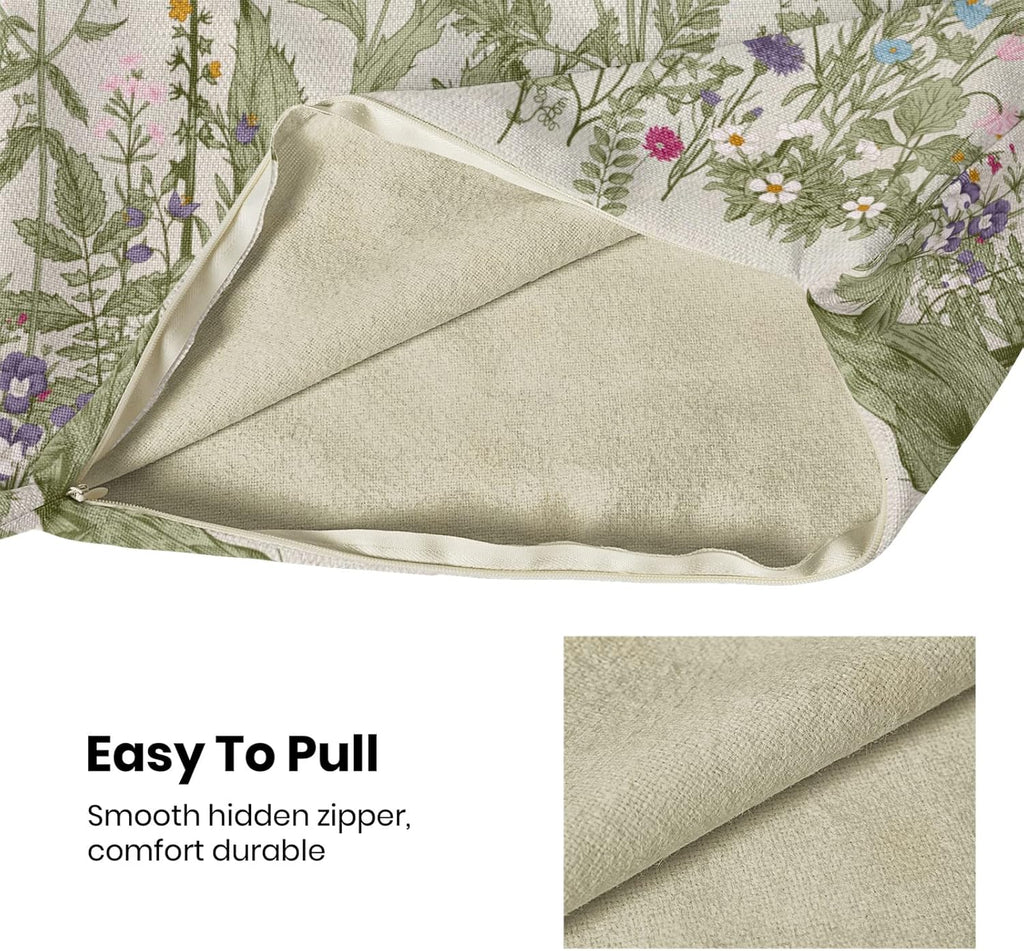 Spring Floral Pillow Covers 18 x 18 Inch Set of 2 Vintage Sage Green Wild Flowers Decor Throw Pillows Wildflower Plant Outdoor Farmhouse Decorative Cushion Cases for Couch Bed Sofa Decoration